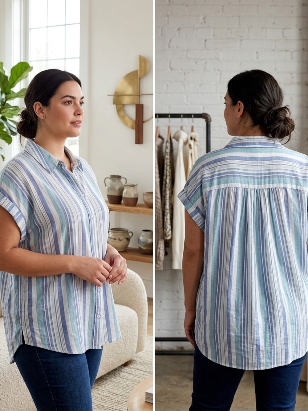 Avenue Multi-Stripe Short Sleeve Button-Down Shirt - Blue & Green